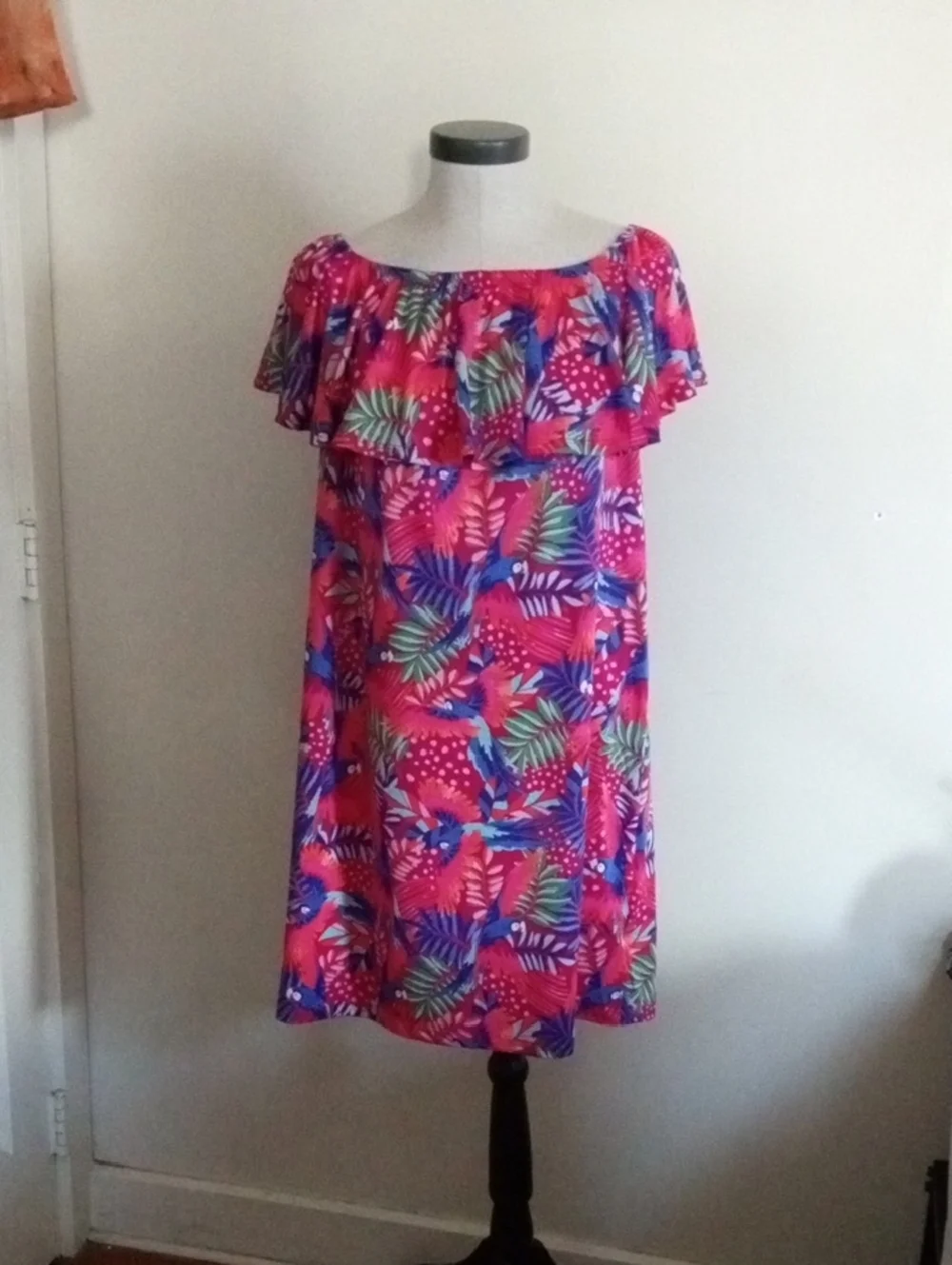 Tropical Off-Shoulder Ruffle Dress - Bright Pink Multi - Picture 2 of 11